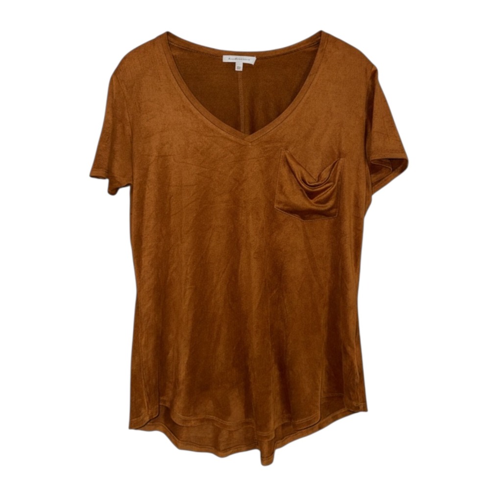 Another Love Womens V-Neck Faux Suede Pocket T-Shirt‎ Cognac Brown VCKN1000S2TBC
